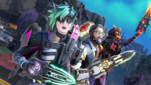 Apex Legends player count drops Season 21: Key art showing three characters posing with blade weapons as the look upwards at the night sky which is out of shot.