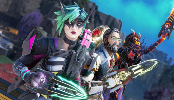 Apex Legends player count drops Season 21: Key art showing three characters posing with blade weapons as the look upwards at the night sky which is out of shot.