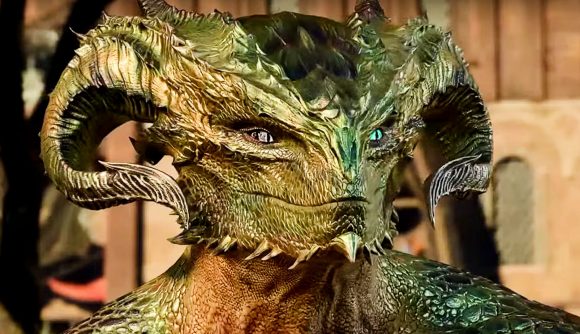 Baldur's Gate 3 best builds: A masculine Dragonborn gazes at their companion, their rippling green scales and horns typical of their humanoid race..