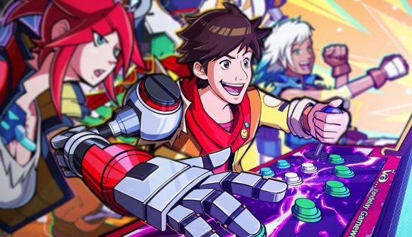 The characters of Hi-Fi Rush, one of the best Game Pass games, playing on an arcade game machine.