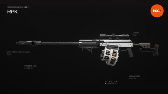 Best Warzone RPK loadout: a long light machine gun with white 3D printed parts.