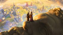 Two people standing on the nose of a giant stone statue while looking at several monuments, waiting for the Civ 7 release date.