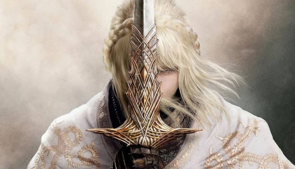 Elden Ring patch notes 1.13: A close-up shot of Leda holding her intricate sword vertically over her face.