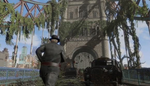 Fallout London review: A man in suit running down a post-apocalypse Tower Bridge covered in greenery in Fallout London.