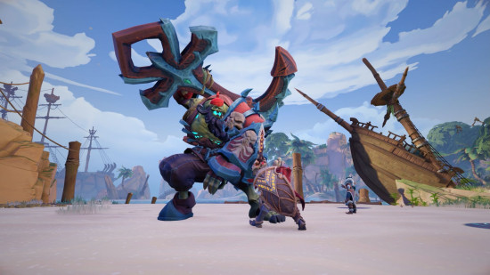Fellowship preview: a large tank hoists an anchor on his back with teammates in the background