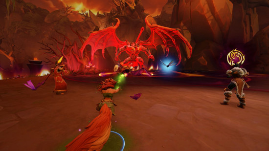 Fellowship preview: a team faces a large, red dragon boss in a dungeon