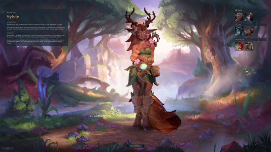 Fellowship preview: the hero Sylvie is a woodland creature with antlers, a large tail, and leafy armor