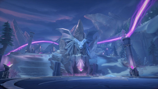 Fellowship preview: an environment with a large brick statue and sweeping purple lighting