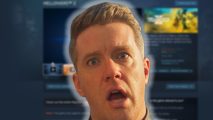 Helldivers 2 Steam delisting: a man with a shocked face in front of the HD2 Steam store page