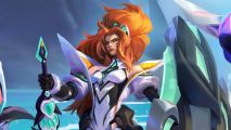An anime woman with long orange hair in a ponytail with small, futuristic cat ears stands holding a huge sword and shield on a beach