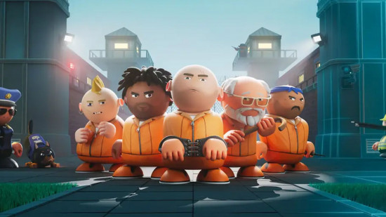 Prison Architect 2 delayed release date again: A group of prisoners lined up at the gates of a prison at night.