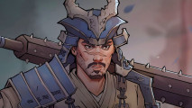 Shadowveil: a samurai in gold and blue armor with a large spiked club on his back