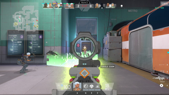 Spectre Divide preview: A first-person screenshot of someone aiming down a weapon optic as a pool of green energy appears in front of them