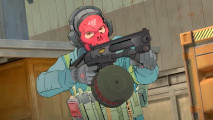 Spectre Divide preview: A cel-shaded soldier wearing military gear, a red balaclava, and black headphones, aims a drum-barrelled shotgun