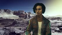 Starfield mods: a woman wearing a brown leather jacket stands in front of a blurred background.