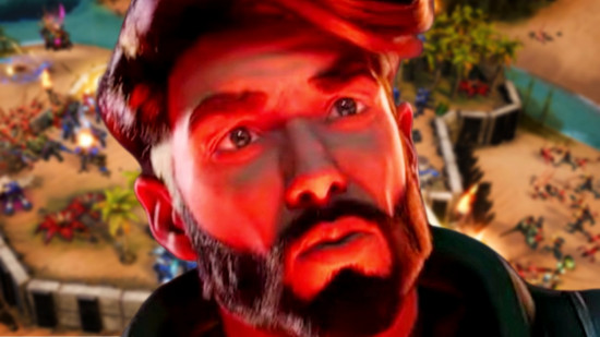 Stormgate CEO responds to mixed launch feedback - a bearded man bathed in red light looks up with a concerned expression.