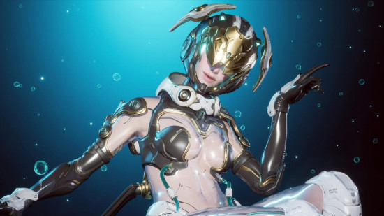 The First Descendant boosters free rewards update: An upper body shot of Ultimate Valby, posing with her head slightly tilted and left arm raised, set against a background with bubbles.