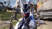 The First Descendant player count: A close-up shot of Bunny holding a weapon across her chest as lightning surges around her, placed against a blurred background of gameplay depicting characters firing at enemies off-screen.