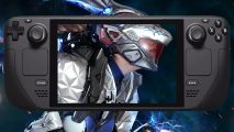 an image of a character from the first descendant with a steam deck overlayed