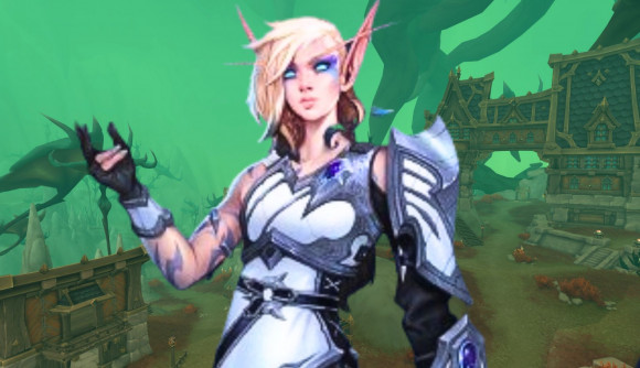 World of Warcraft drops the subscription, but only for a weekend: Alleria Windrunner stands in front of green ruins in The War Within.