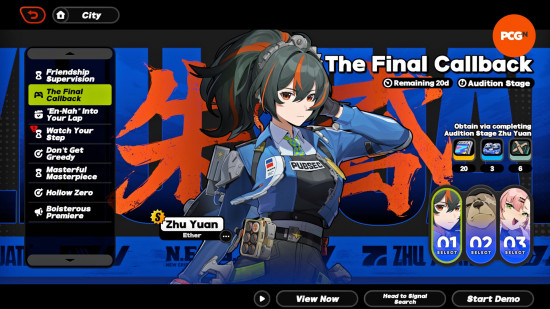The menu card for The Final Callback, one of the Zenless Zone Zero events.